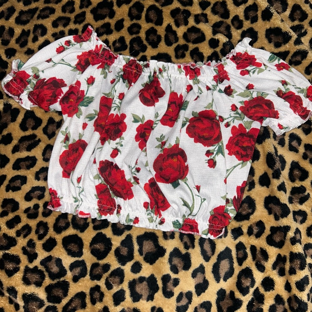 White and Red Floral off the shoulder Crop Top